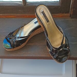 Nine West Slides, Cork Wedge, Black Patent Leather, Size 8.5